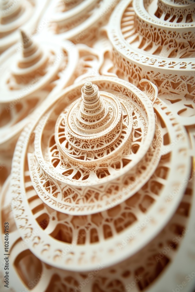 ** Intricate Paper Art Sculpture with Spiraling Patterns and Detailed Geometric Designs in Soft Beige Tones..** ** Intricate Paper Art Sculpture with Spiraling Patterns and Detailed Geometric Designs in Soft Beige Tones..**