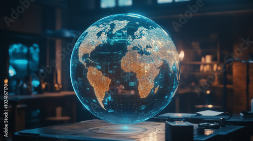 A holographic globe spins in the background, showing a map of the world. It represents the massive amounts of data being shared globally.