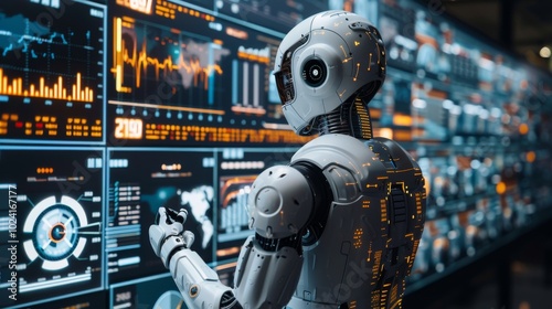 Robot Analyzing Financial Technology Data Background