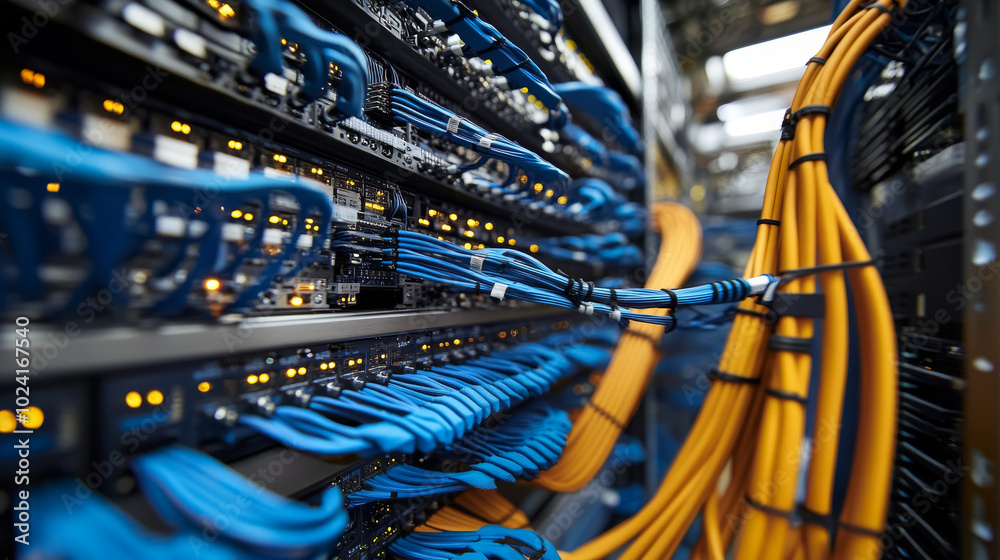 A modern server room with rows of computer racks, connected by high-speed fiber optic cables. This is where data is stored and processed, powering websites and online services. A modern server room with rows of computer racks, connected by high-speed fiber optic cables. This is where data is stored and processed, powering websites and online services.