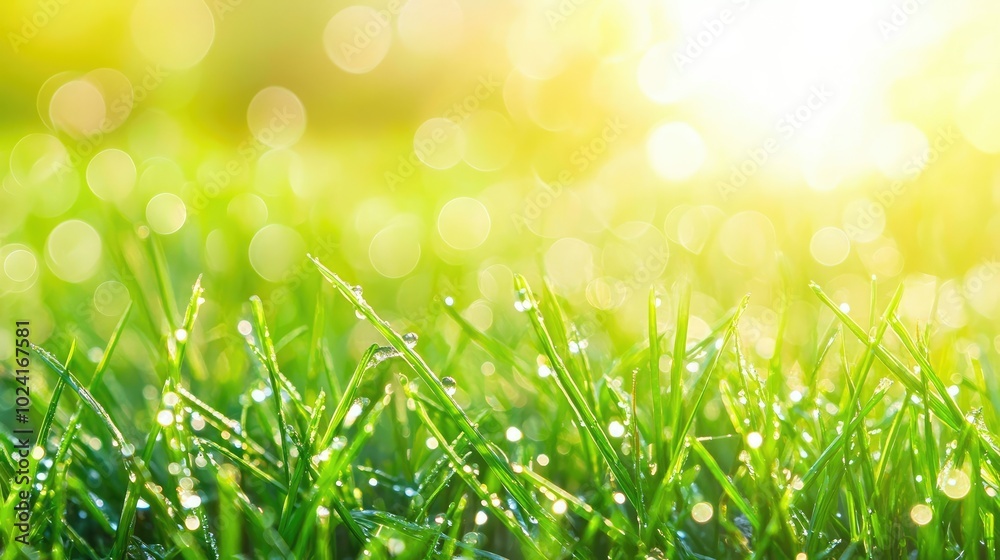 Close-up of raindrops falling on green grass, capturing the freshness and tranquility of a rainy day in nature Close-up of raindrops falling on green grass, capturing the freshness and tranquility of a rainy day in nature
