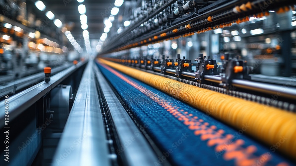 Industrial conveyor belt with orange items in a factory setting. Industrial conveyor belt with orange items in a factory setting.