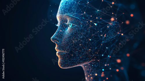 AI uses computer graphics to analyze information and data. A low-poly face represents the AI, showcasing its futuristic potential in machine learning.