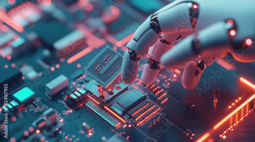 A robotic hand grips a tiny computer chip. This represents the power of artificial intelligence (AI) in designing advanced technology. The image highlights the future of computing. photo