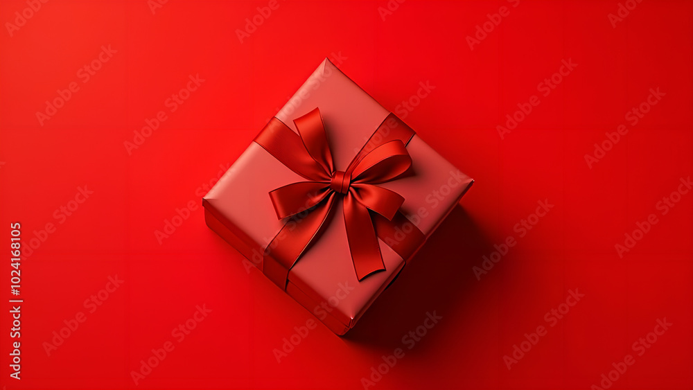 beautiful red square gift box with red bow on side on red background top view beautiful red square gift box with red bow on side on red background top view