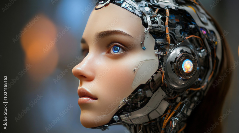 A female robot, or cyborg, with a thinking brain looks to the side. Her robotic head is wired to a powerful computer. Her artificial face, beautiful and lifelike, gazes upwards. A female robot, or cyborg, with a thinking brain looks to the side. Her robotic head is wired to a powerful computer. Her artificial face, beautiful and lifelike, gazes upwards.