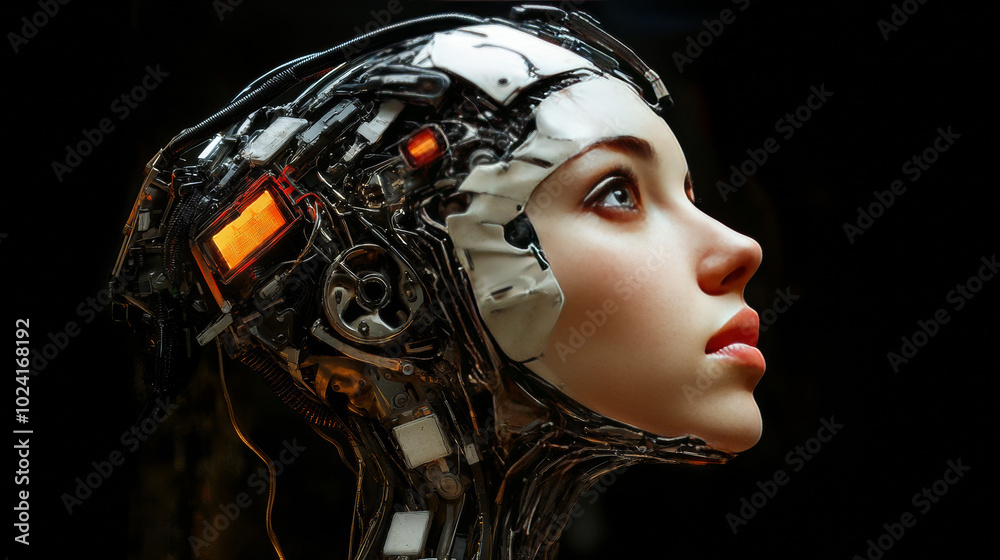A female robot, or cyborg, with a thinking brain looks to the side. Her robotic head is wired to a powerful computer. Her artificial face, beautiful and lifelike, gazes upwards. A female robot, or cyborg, with a thinking brain looks to the side. Her robotic head is wired to a powerful computer. Her artificial face, beautiful and lifelike, gazes upwards.