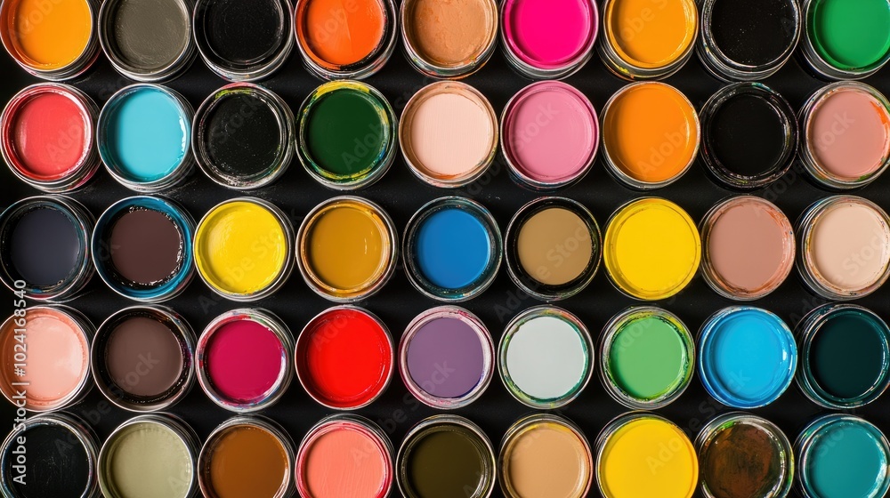 Colorful Array of Paint Cans Top View, Artistic Creativity and Home Improvement Concept Colorful Array of Paint Cans Top View, Artistic Creativity and Home Improvement Concept