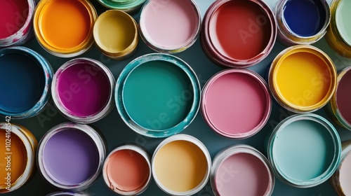 Colorful Array of Paint Cans Top View, Artistic Creativity and Home Improvement Concept