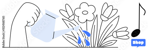 A hand watering flowers with a watering can. A music note and a shop button are also present. Ideal for nature, gardening, online shopping, relaxation, and simple lifestyle themes. Minimalist art