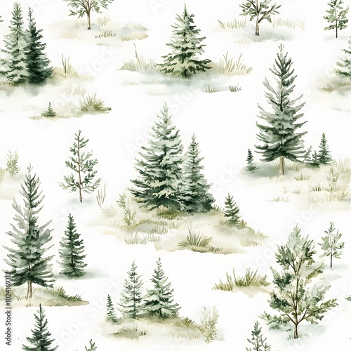 Watercolor pattern of various green trees and plants