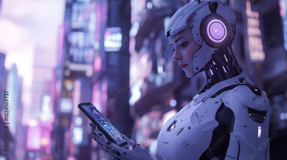 A robot woman with artificial intelligence uses her phone to connect to the internet and communicate in a smart city. She processes large amounts of data through cloud computing. A robot woman with artificial intelligence uses her phone to connect to the internet and communicate in a smart city. She processes large amounts of data through cloud computing.