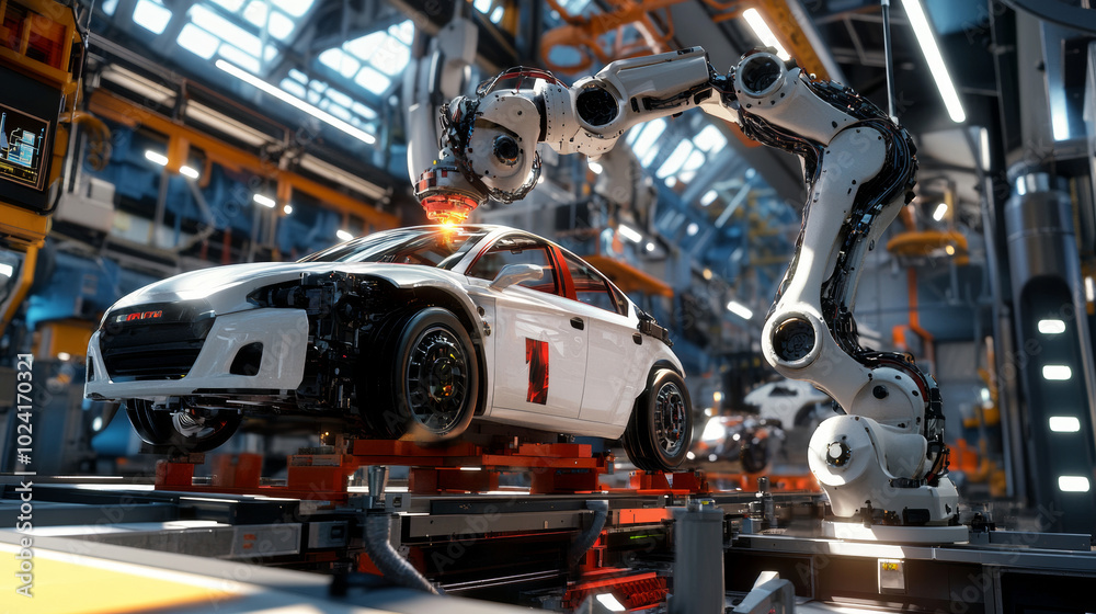A robot works on a car assembly line in a factory. The robot uses a laser to weld the car's body, attaches the wheels, and puts in the windshield. A robot works on a car assembly line in a factory. The robot uses a laser to weld the car's body, attaches the wheels, and puts in the windshield.
