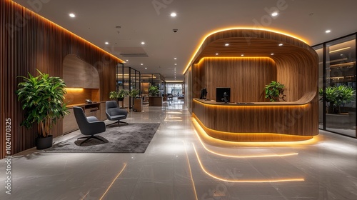 A spacious reception area showcases contemporary design with warm lighting, lush plants, and comfortable seating in an upscale corporate environment photo