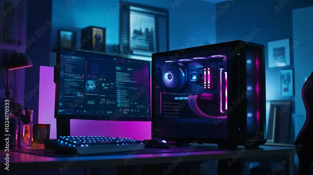 A powerful gaming computer with a game running on the screen sits in a gamer's room.  Neon lights illuminate the dark space.  The PC is on a desk with a monitor displaying the game's online interface.