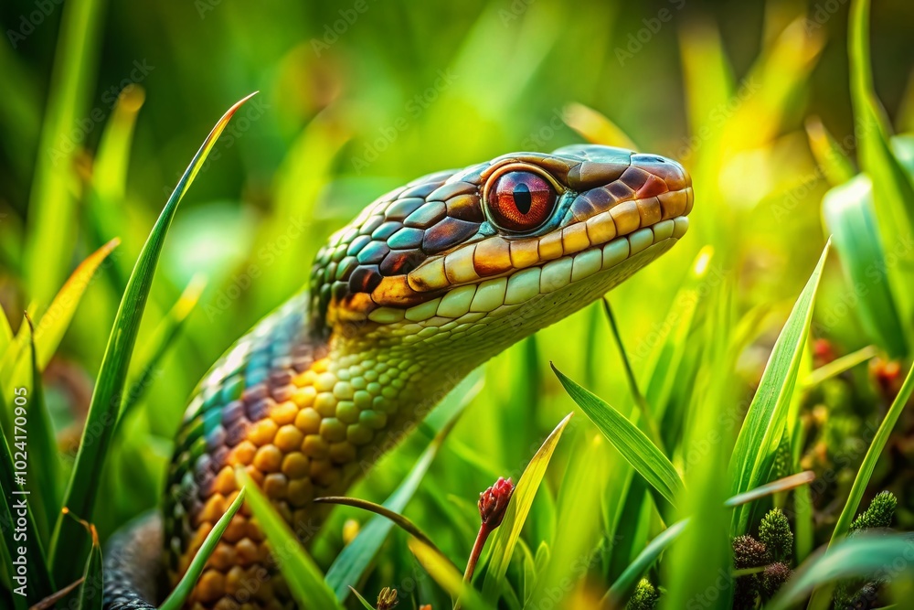 Viper Snake Peeking Out from Lush Grass in Nature, Camouflage and Wildlife Photography for Nature Lovers and Viper Snake Peeking Out from Lush Grass in Nature, Camouflage and Wildlife Photography for Nature Lovers and