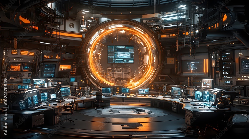 A futuristic circular science lab with sleek workstations surrounding a central holographic experiment table, glowing neon lights illuminating the high-tech environment A futuristic circular science lab with sleek workstations surrounding a central holographic experiment table, glowing neon lights illuminating the high-tech environment