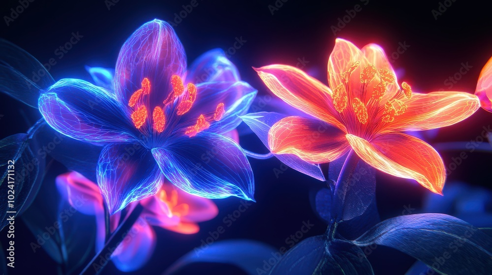 Neon Flowers. Bright and Imaginary Floral Arrangement in Vibrant Orange, Blue, and Purple Colors Neon Flowers. Bright and Imaginary Floral Arrangement in Vibrant Orange, Blue, and Purple Colors
