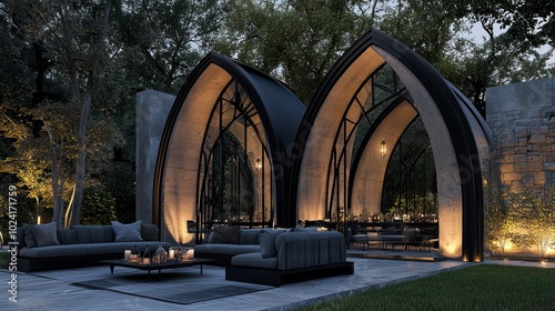 Sleek black metal detailing and Gothic arches define a modern outdoor pergola.