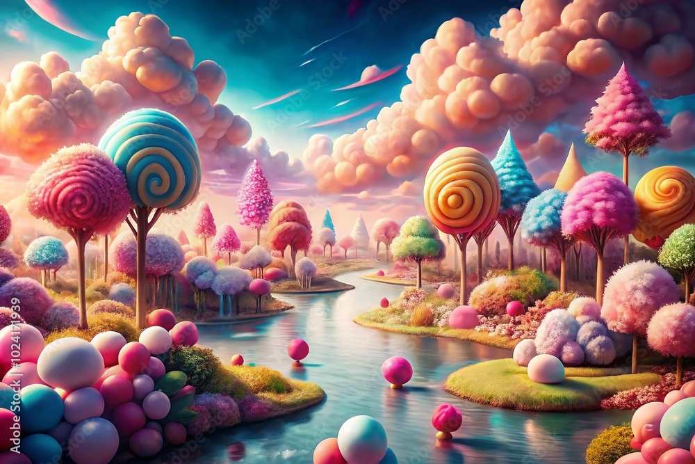 Whimsical Candy Dreamscape with Cotton Candy Clouds and Lollipop Trees Under a Pastel Sky and Flowing Chocolate River