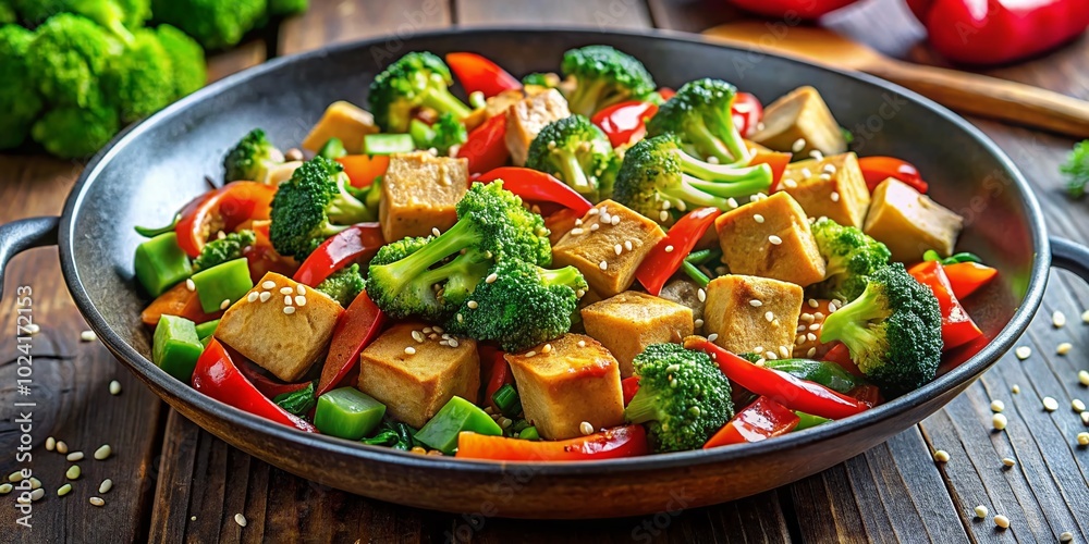 Whip up a vibrant tofu, broccoli, and bell pepper stir-fry, topped with sesame seeds. A nutritious, flavorful Whip up a vibrant tofu, broccoli, and bell pepper stir-fry, topped with sesame seeds. A nutritious, flavorful