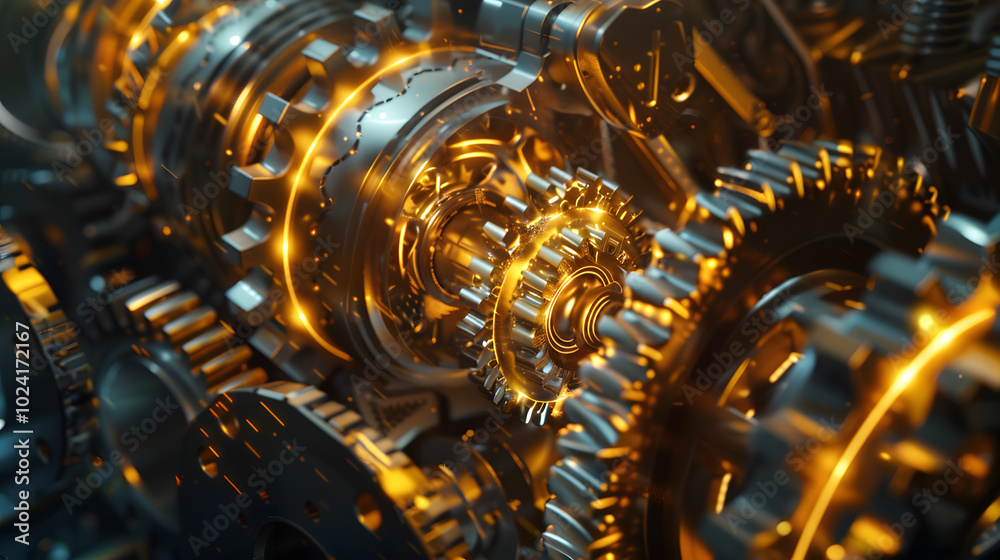 Fototapeta premium Lubrication in High-Speed Gears: High-speed mechanical gears in motion, surrounded by a glowing, efficient lubricant film that minimizes friction and wear