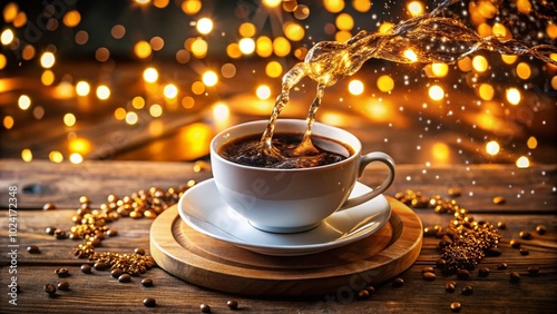 Wallpaper Mural White Coffee Cup with Instant Coffee Rotating on Wooden Stand as Water is Poured, Sparkling Garlands in Background Torontodigital.ca