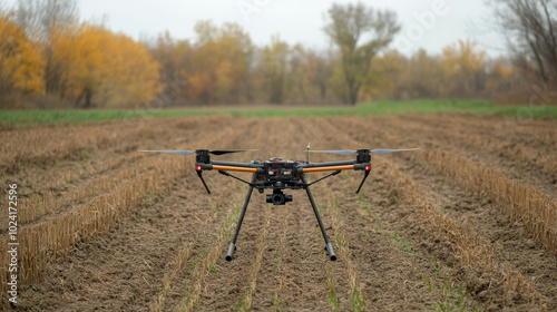 A drone with a camera flies over a field, creating a 3D map of the land. This helps farmers understand the land's features and plan their work. It's a modern tool for agriculture. photo