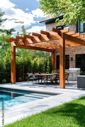 Modern patio featuring a wooden pergola with dining space and a refreshing pool area.