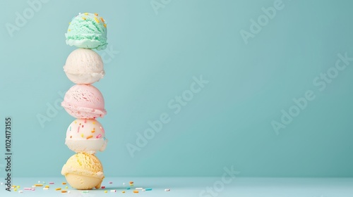 Stack of ice cream scoops, vibrant background, copy space photo