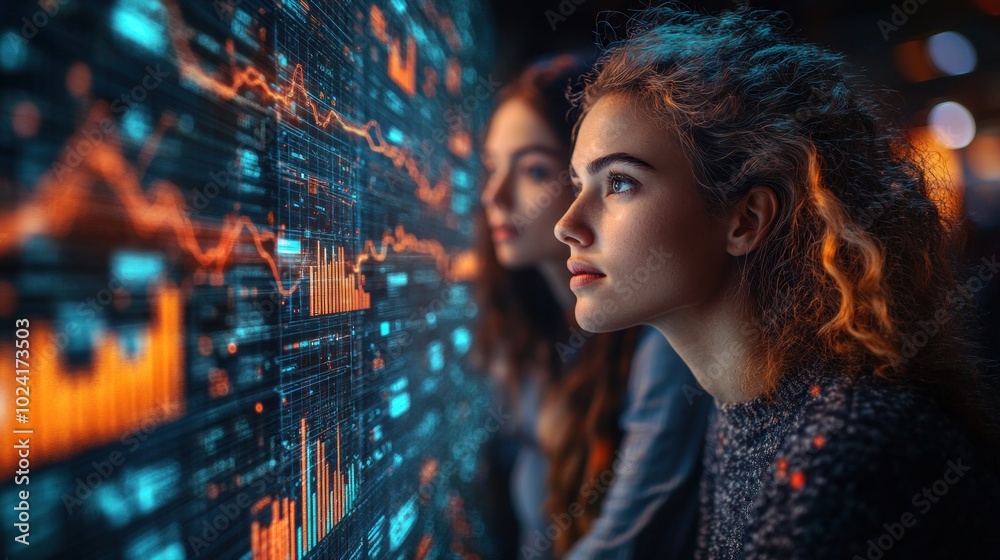 Three young women looking at a large screen displaying data and graphs. Three young women looking at a large screen displaying data and graphs.