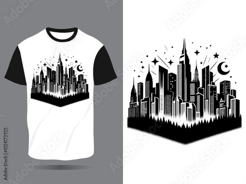 T-shirt design, city skyline silhouette, black and white illustration,