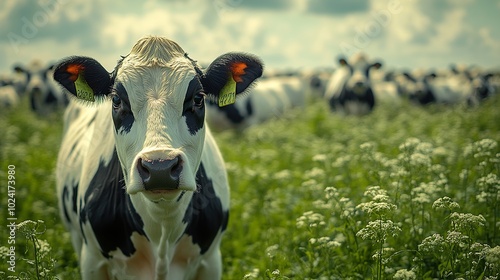 Close-Up Portrait of a Black and White Cow in a Green Field photo