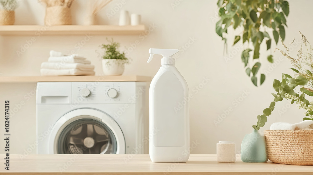 A clean and modern laundry room featuring white spray bottle, washing machine, and neatly arranged towels. serene atmosphere is enhanced by greenery and minimalistic decor A clean and modern laundry room featuring white spray bottle, washing machine, and neatly arranged towels. serene atmosphere is enhanced by greenery and minimalistic decor