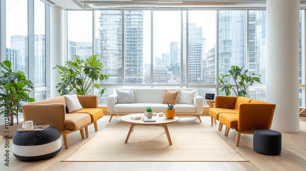 Modern living room with large windows showcasing city views, featuring stylish furniture, plants, and cozy atmosphere. space is bright and inviting, perfect for relaxation Modern living room with large windows showcasing city views, featuring stylish furniture, plants, and cozy atmosphere. space is bright and inviting, perfect for relaxation