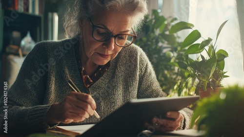 Elderly woman in a cozy home environment using a tablet while taking notes, surrounded by indoor plants