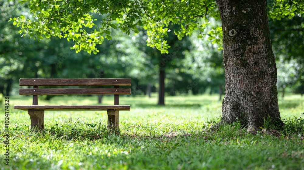Empty Wooden Bench in Lush Green Park with Tree Summer Nature Scene Empty Wooden Bench in Lush Green Park with Tree Summer Nature Scene