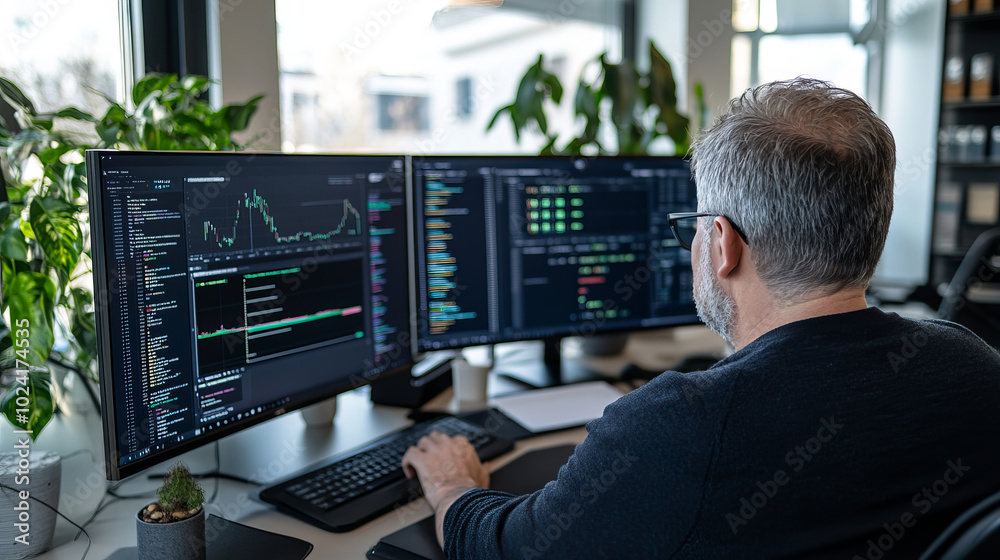 A focused man analyzes data on dual monitors in modern office environment, surrounded by greenery. His attention to detail reflects commitment to his work in data analysis or programming A focused man analyzes data on dual monitors in modern office environment, surrounded by greenery. His attention to detail reflects commitment to his work in data analysis or programming