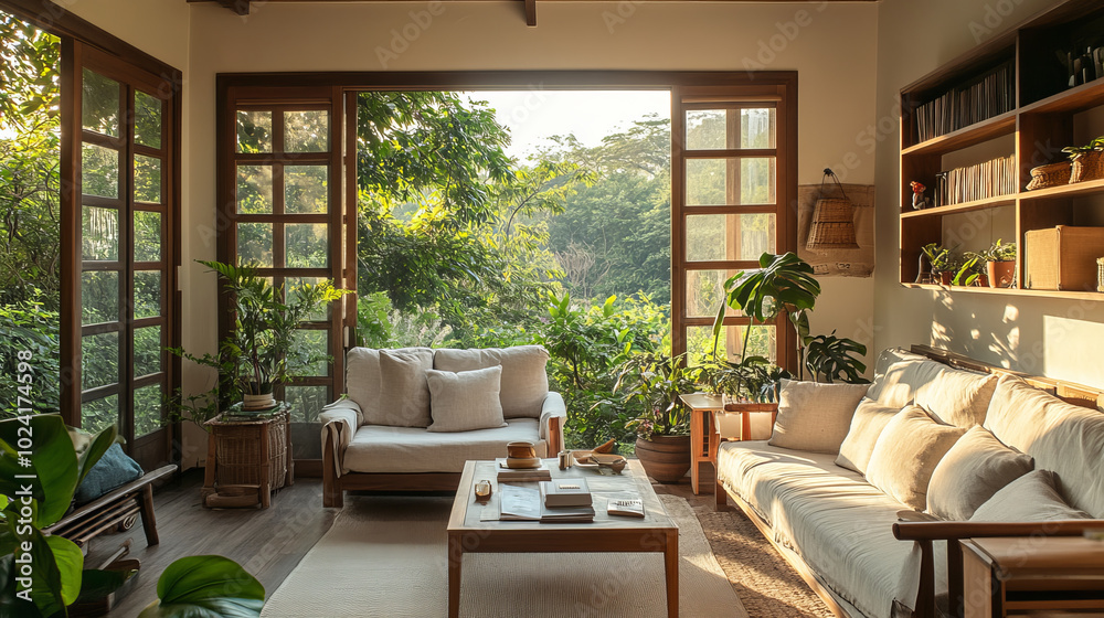 A serene living room filled with natural light, featuring cozy sofa, plants, and wooden coffee table. large windows offer beautiful view of greenery outside, creating peaceful atmosphere A serene living room filled with natural light, featuring cozy sofa, plants, and wooden coffee table. large windows offer beautiful view of greenery outside, creating peaceful atmosphere