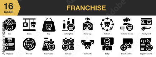 Franchise solid icon set. Includes community, deal, market graphic, money bag, scales, and More. Solid icons vector collection.