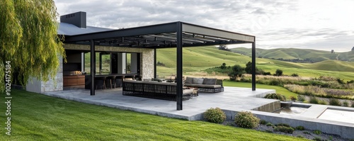 Rolling green hills backdrop a modern metal and glass pergola at a New Zealand farmhouse.