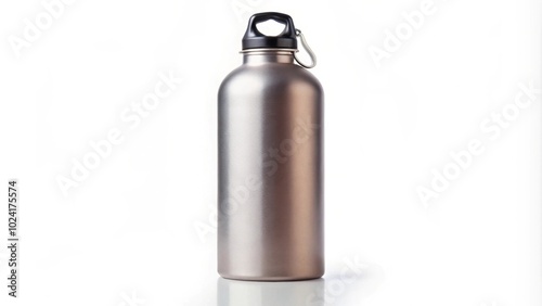 Full length grey aluminum water bottle isolated on white background