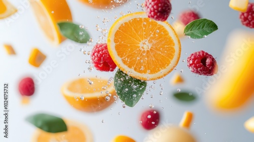 Vibrant Citrus and Berry Splash with Leaves