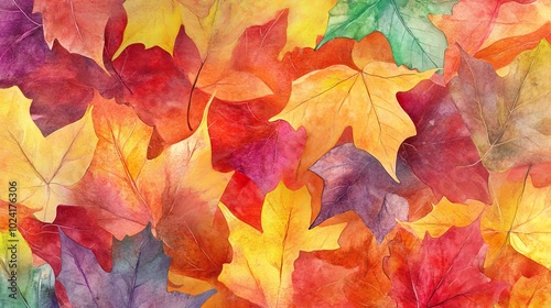 Autumn leaves in vibrant watercolor hues, creating a festive Thanksgiving background.