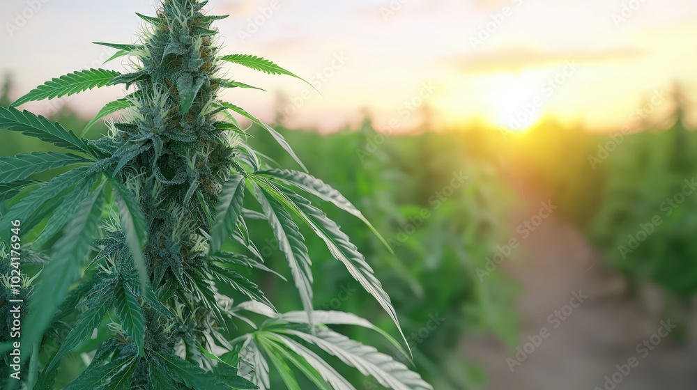 Cannabis Field at Sunset Golden Hour Green Leaves Hemp Farm Marijuana Agriculture Cannabis Field at Sunset Golden Hour Green Leaves Hemp Farm Marijuana Agriculture