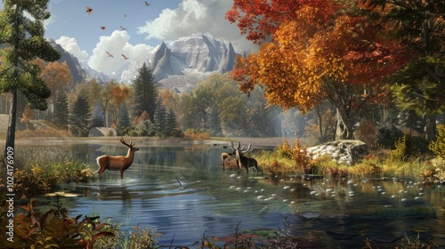 Autumnal Serenity: A Tranquil Lake Scene with Deers and Mountain Peaks