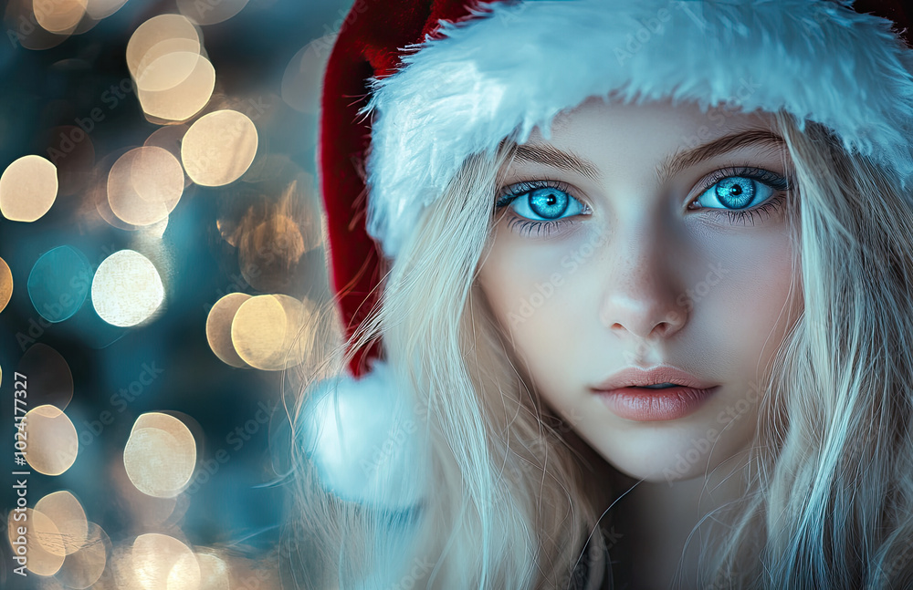 an attractive young woman in a Christmas outfit, wearing a Santa hat and looking at the camera an attractive young woman in a Christmas outfit, wearing a Santa hat and looking at the camera
