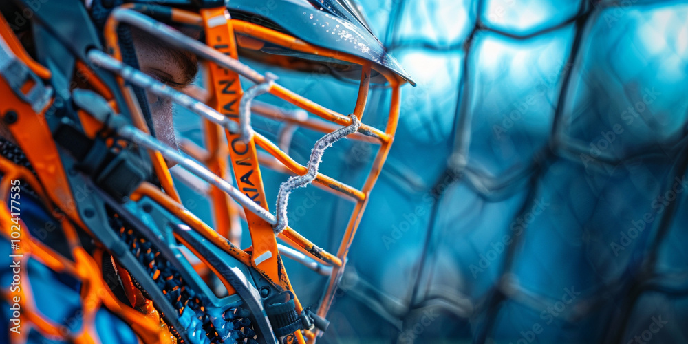 a helmet worn primarily in men's lacrosse with blue background