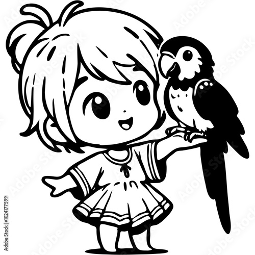 Girl owner holds a parrot sitting on finger in monochrome. Simple minimalistic vector in black ink drawing on transparent background