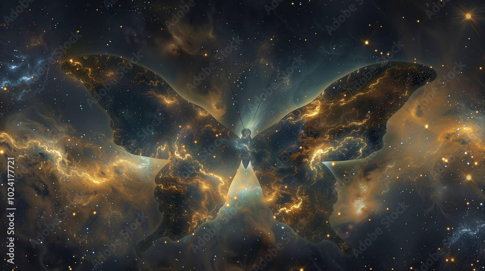 Abstract cosmic butterfly shape glowing in deep space.. Abstract cosmic butterfly shape glowing in deep space..